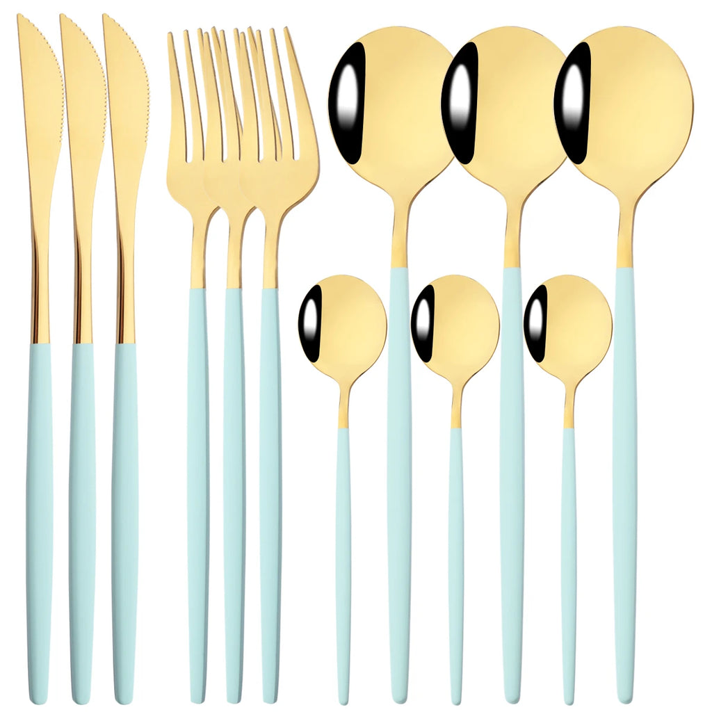 12pcs Black Gold Dinnerware Set Stainless Steel Tableware Knife Fork Coffee Spoon Teaspoons Cutlery Set Party Kitchen Flatware