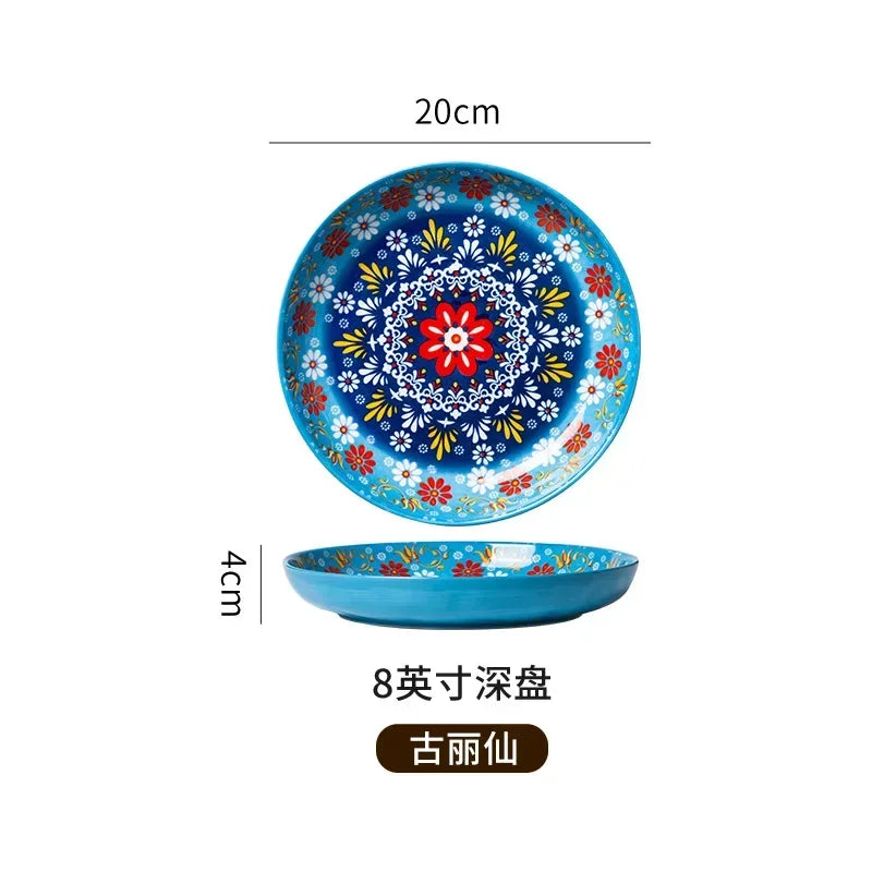 7in or 8in Ceramic Plates Household Retro Tableware Pasta Steak Plate Breakfast Dumpling  Fruit Plate