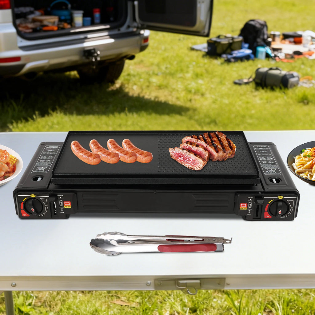 2 Burners Portable Camping Stove, 2.5KW Auto Ignition Butane/LPG Gas Stove w/Baking Tray + Carrying Case