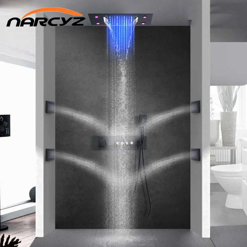 Concealed Brass Shower, LED Thermostatic digital display, showerheads set into the Wall, concealed showerhead in ceiling