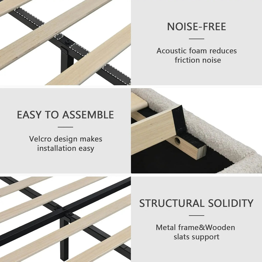 Bed Frame Queen Size, Boucle Upholstered Bed Frame with Headboard, No Box Spring Needed