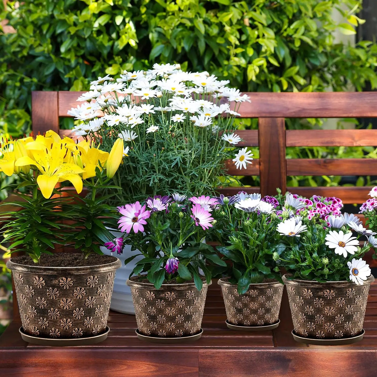 12 & 16 Inch Plastic Flower Pots Indoor Outdoor, 4 Pack Resin Plant Pot with Drainage & Saucer,