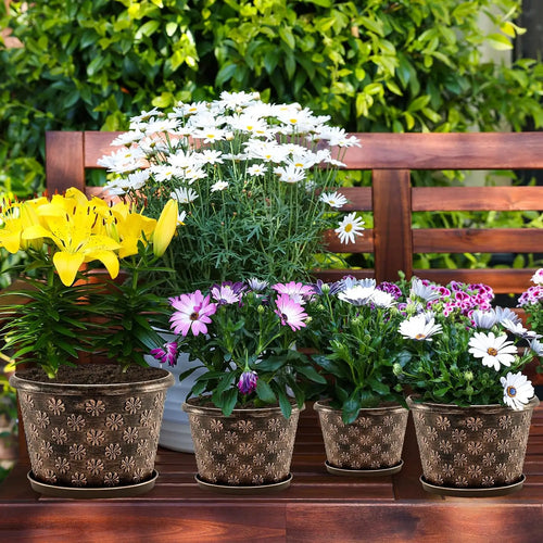 12 & 16 Inch Plastic Flower Pots Indoor Outdoor, 4 Pack Resin Plant Pot with Drainage & Saucer,