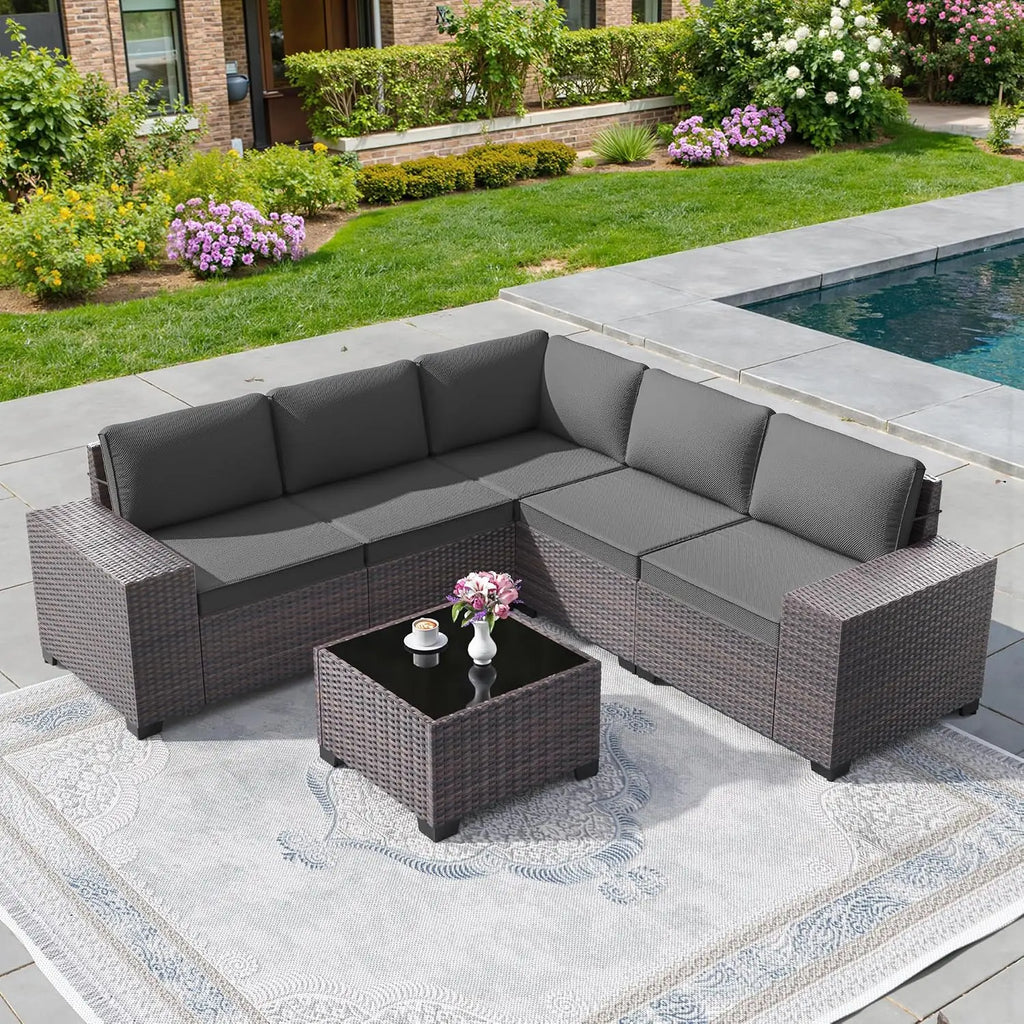6 PCS Outdoor Patio Rattan Wicker Sectional Sofa Set with Coffee Table & Thickened Cushions,