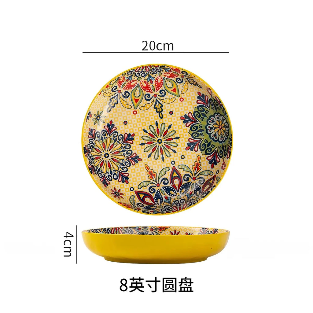 7in or 8in Ceramic Plates Household Retro Tableware Pasta Steak Plate Breakfast Dumpling  Fruit Plate