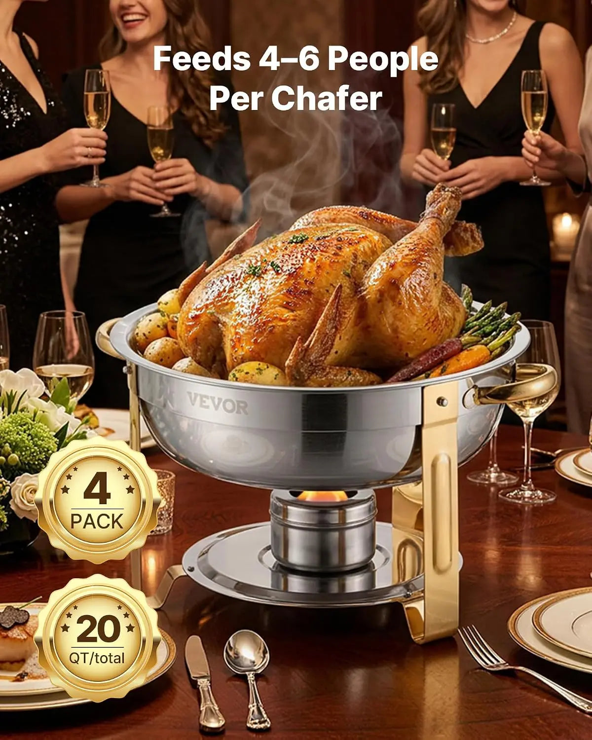 Chafing Dish Buffet Set, 5 Qt 4 Pack, Round Catering Warmer Server with Glass Lid Water Pan, Folding Stand Fuel Holder