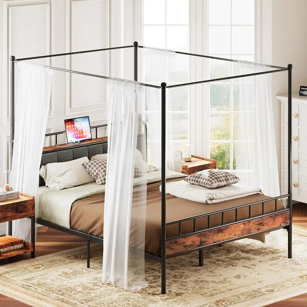 LIKIMIO Canopy Bed Frame Queen, Storage Headboard with Charging Station, Platform Bed with 4 Removable Sturdy Posts,