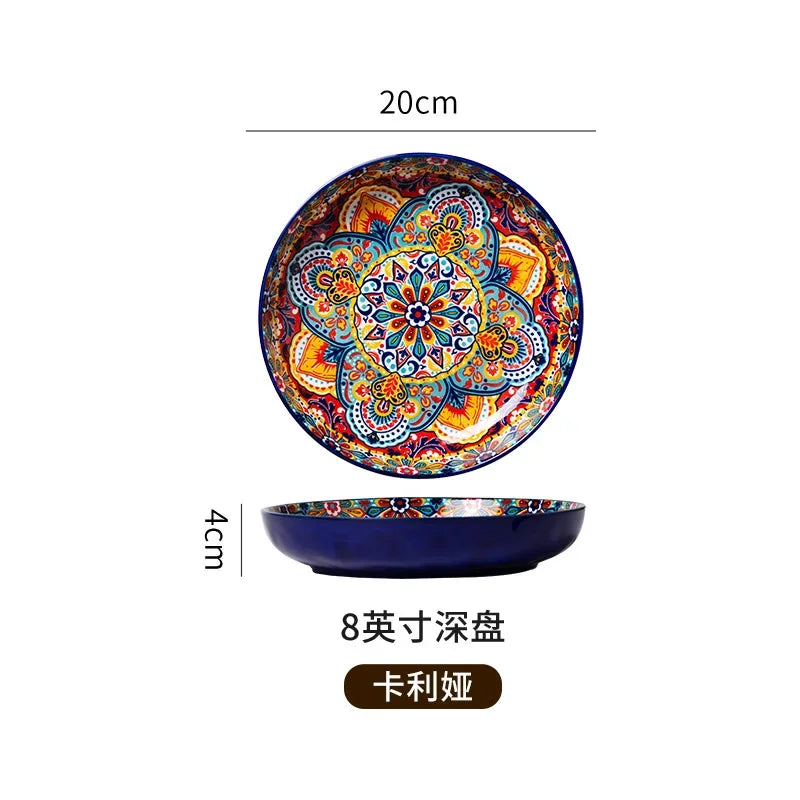 7in or 8in Ceramic Plates Household Retro Tableware Pasta Steak Plate Breakfast Dumpling  Fruit Plate