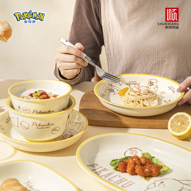 SHUNXIANG Pokémon Ceramic Tableware Set Pikachu Cartoon Pattern Ceramic Bowl Plate Dish Dining Plate Microwave Safe Dinnerware
