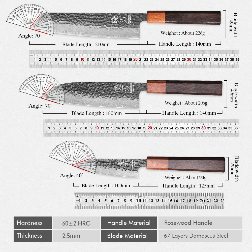 1PC-3PCS Professional Kitchen Knives Set Japanese Handmade 67 Layer Damascus Steel Kiritsuke Chef Knife Santoku Paring Knife
