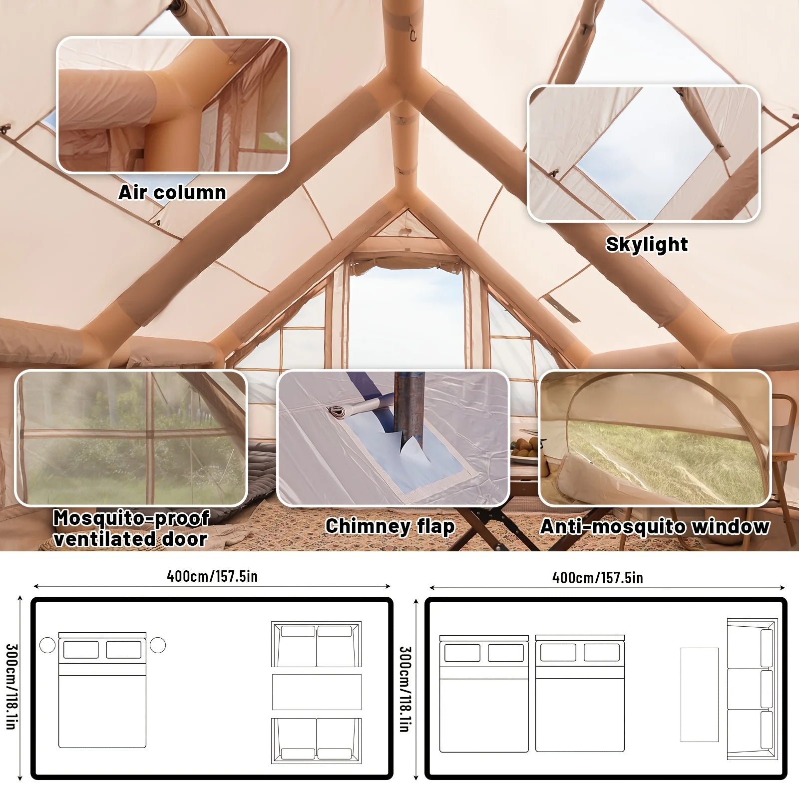 Large Inflatable Camping Tent with Skylight, Quick Air-Flow & Breathable Mesh Design.