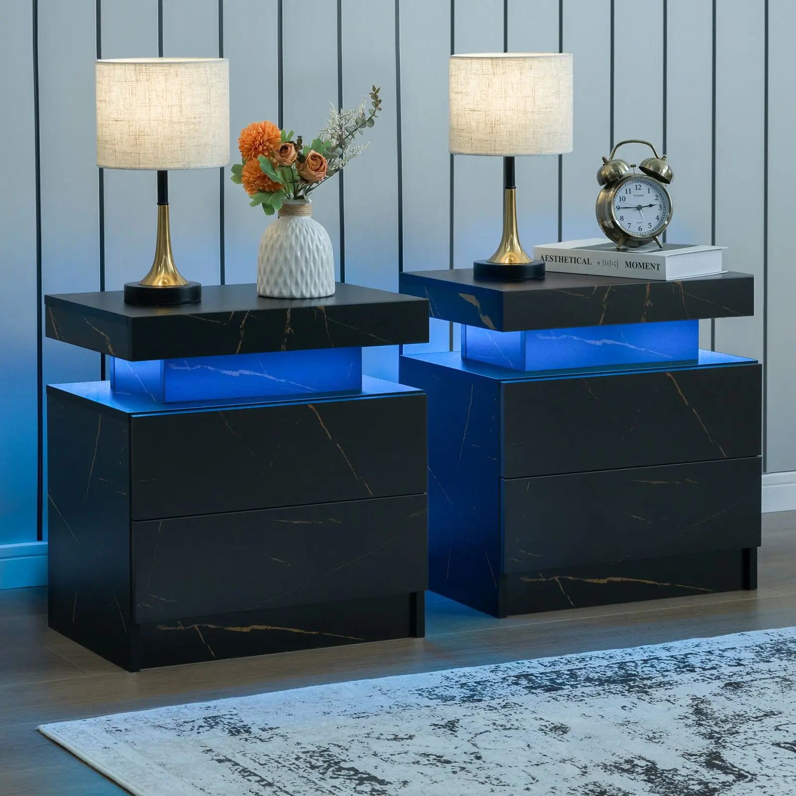 Cubehom Bedroom Nightstand Set of 2 LED Nightstand with 2 Drawers, Nightstand with LED Light