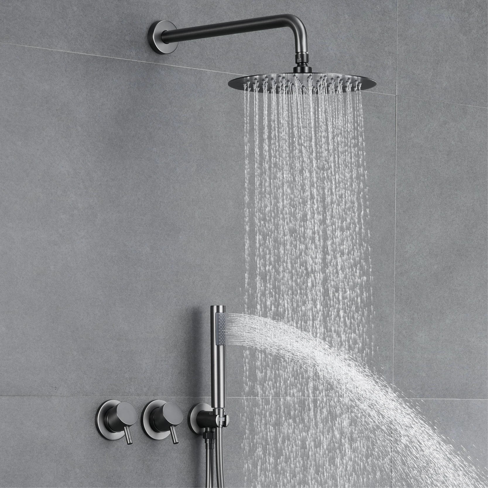 Luxury brass gun gray wall mounted shower head system with minimalist design, dual handle hot and cold water bathroom faucet