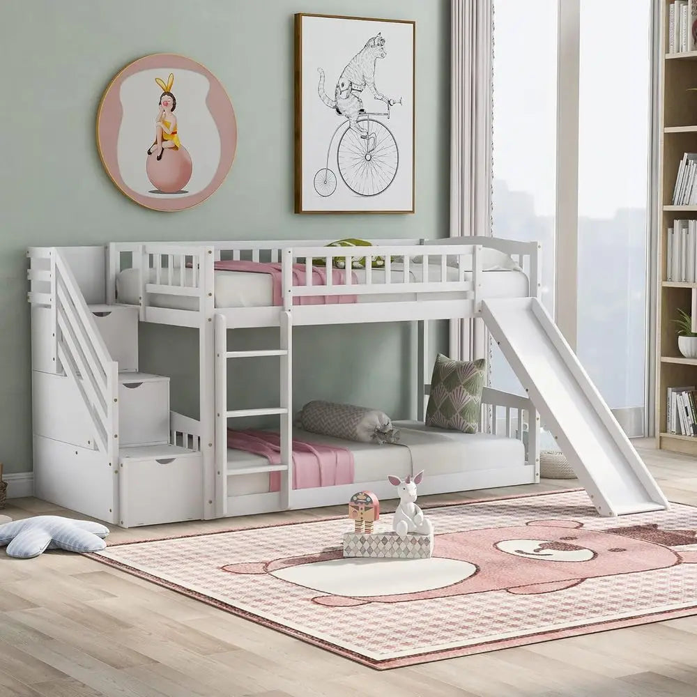Bellemave Wood Bunk Beds with Slide, Twin Over Twin Low Bunk Bed Frame with Storage Drawers, Stairway