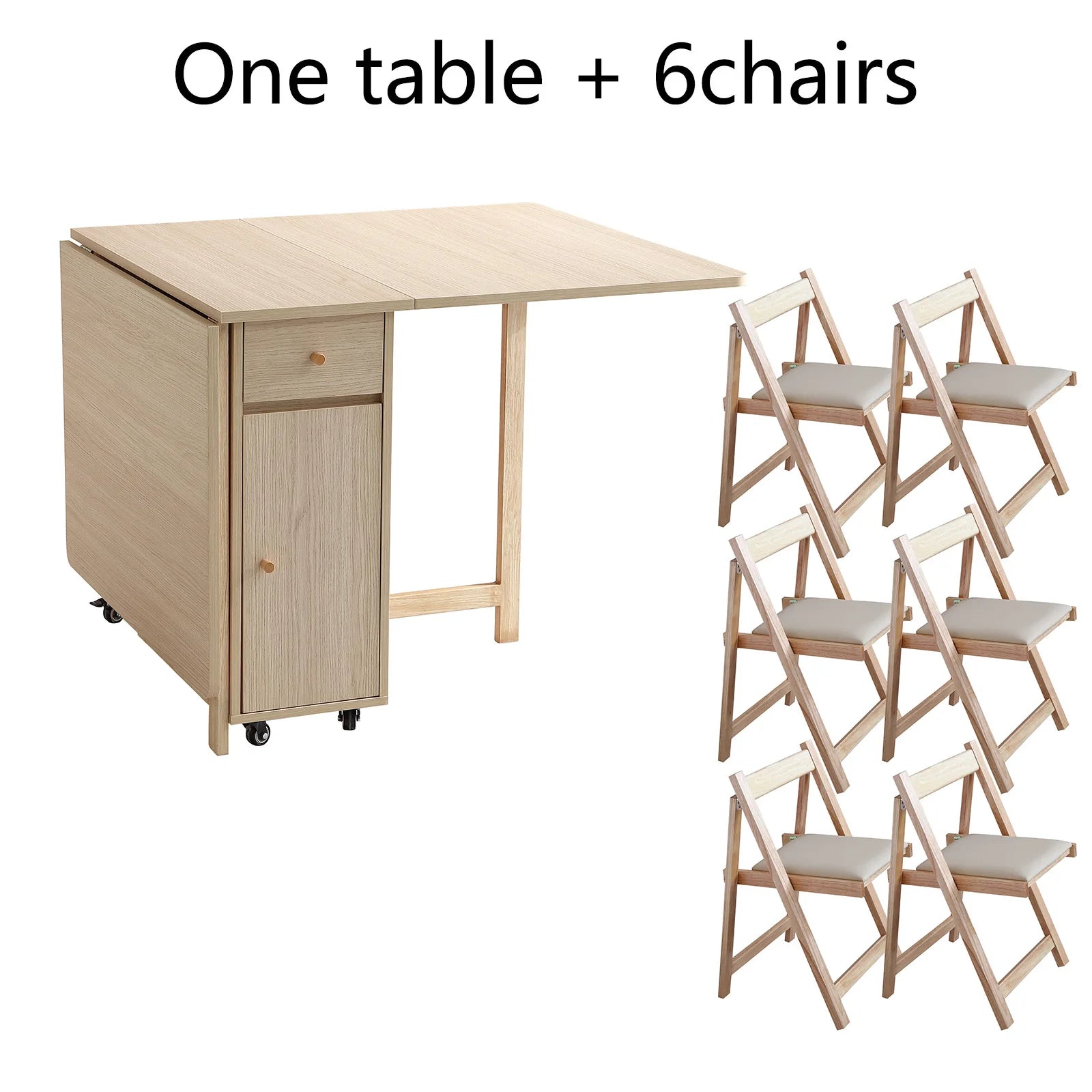 Extendable Drop Leaf Folding Dining Table with 2 Drawers and 4 Wheels and Chairs