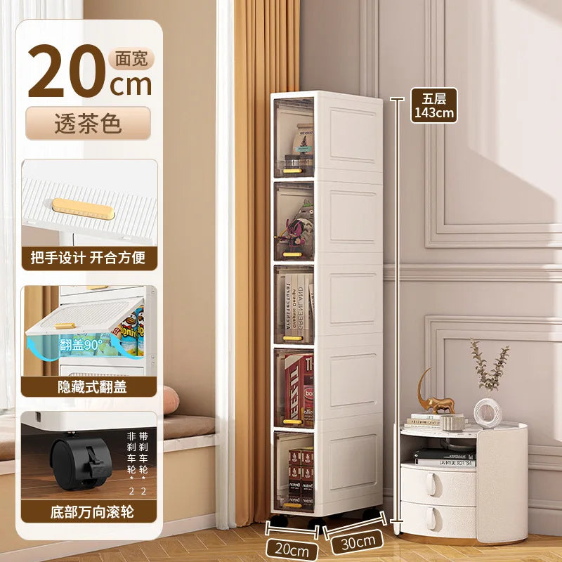 20cm Slim Storage Cabinet, 3/4/5-Tier Narrow Rolling Organizer with Wheels, Space-Saving Shelf White Multi-Purpose Storage