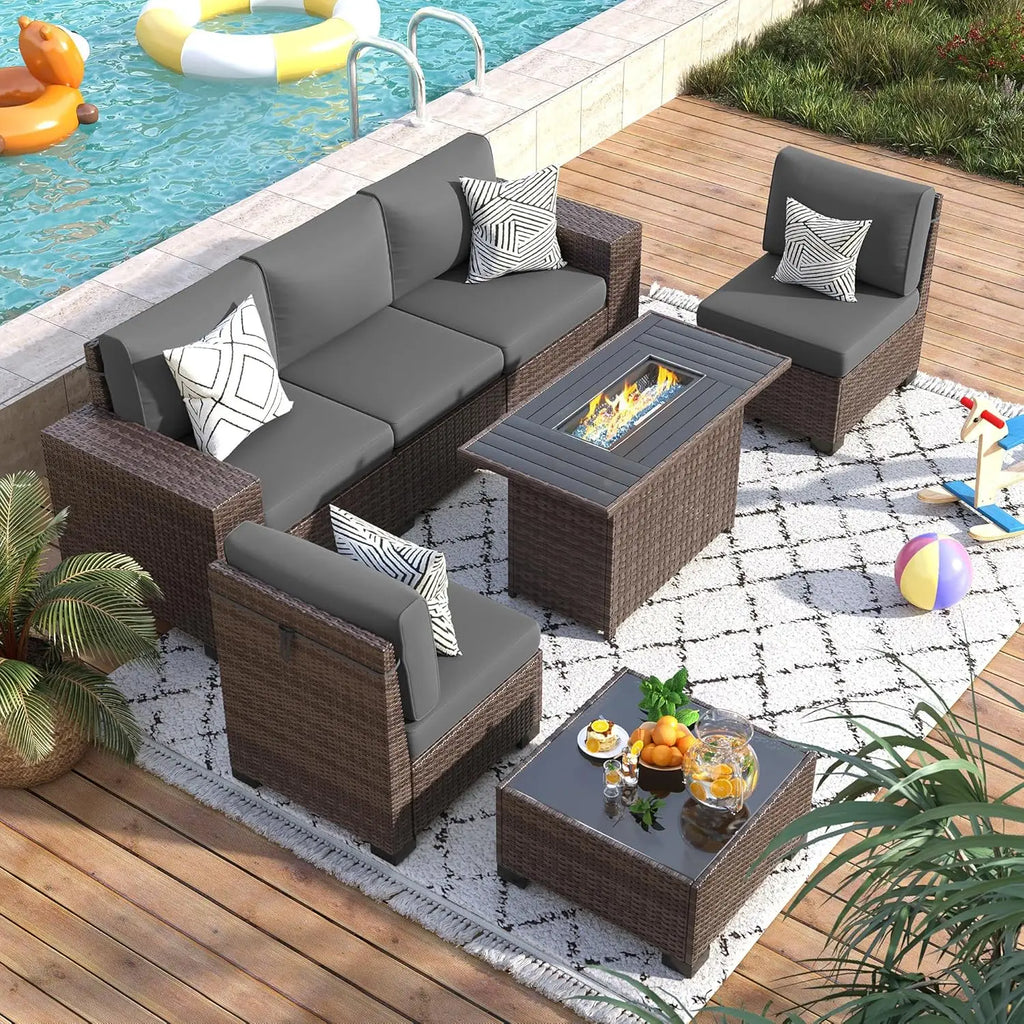 Patio Furniture Set with Fire Pit Table, 7 Piece Outdoor Sectional Conversation Sets Wicker Rattan Sectional Sofa,