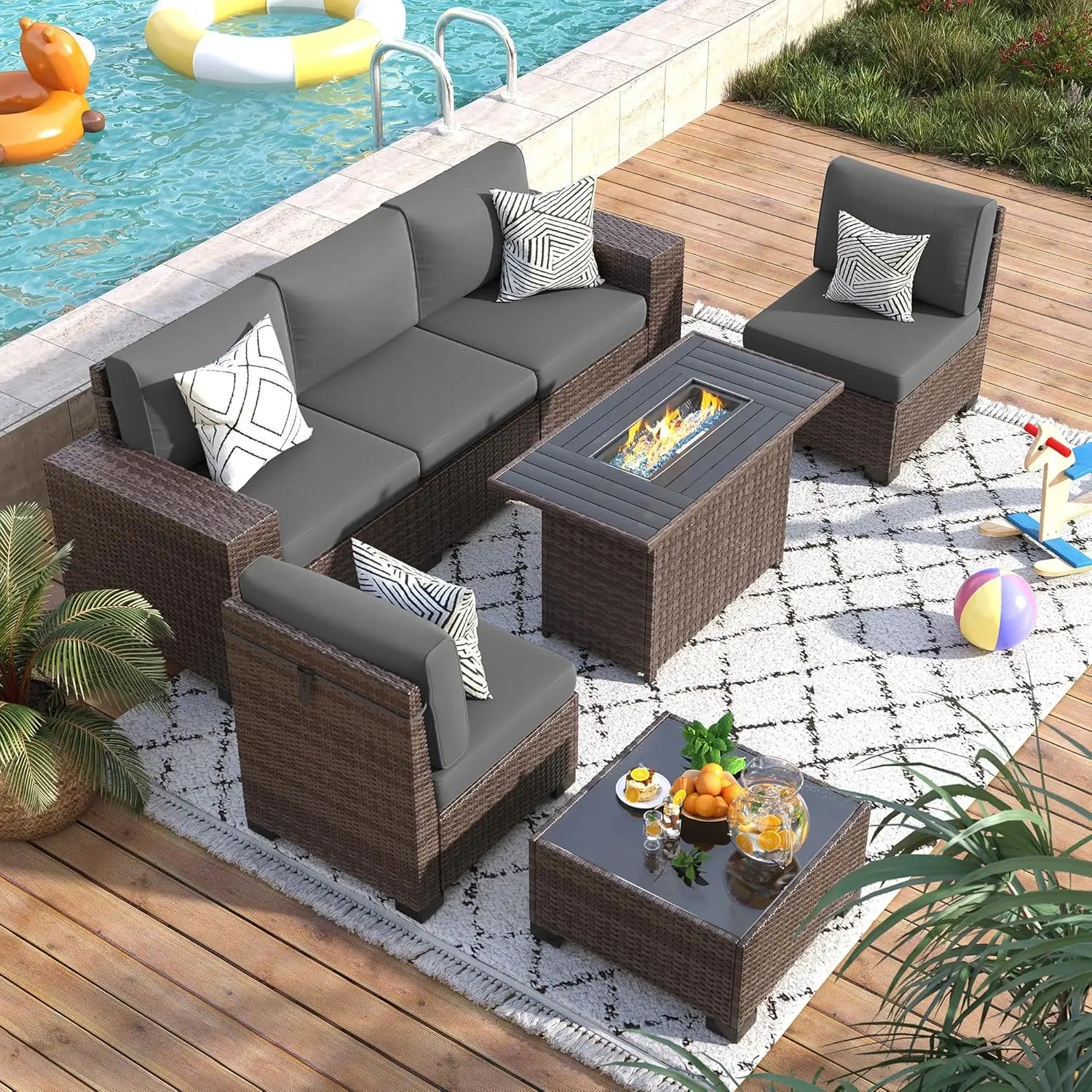 Patio Furniture Set with Fire Pit Table, 7 Piece Outdoor Sectional Conversation Sets Wicker Rattan Sectional Sofa,