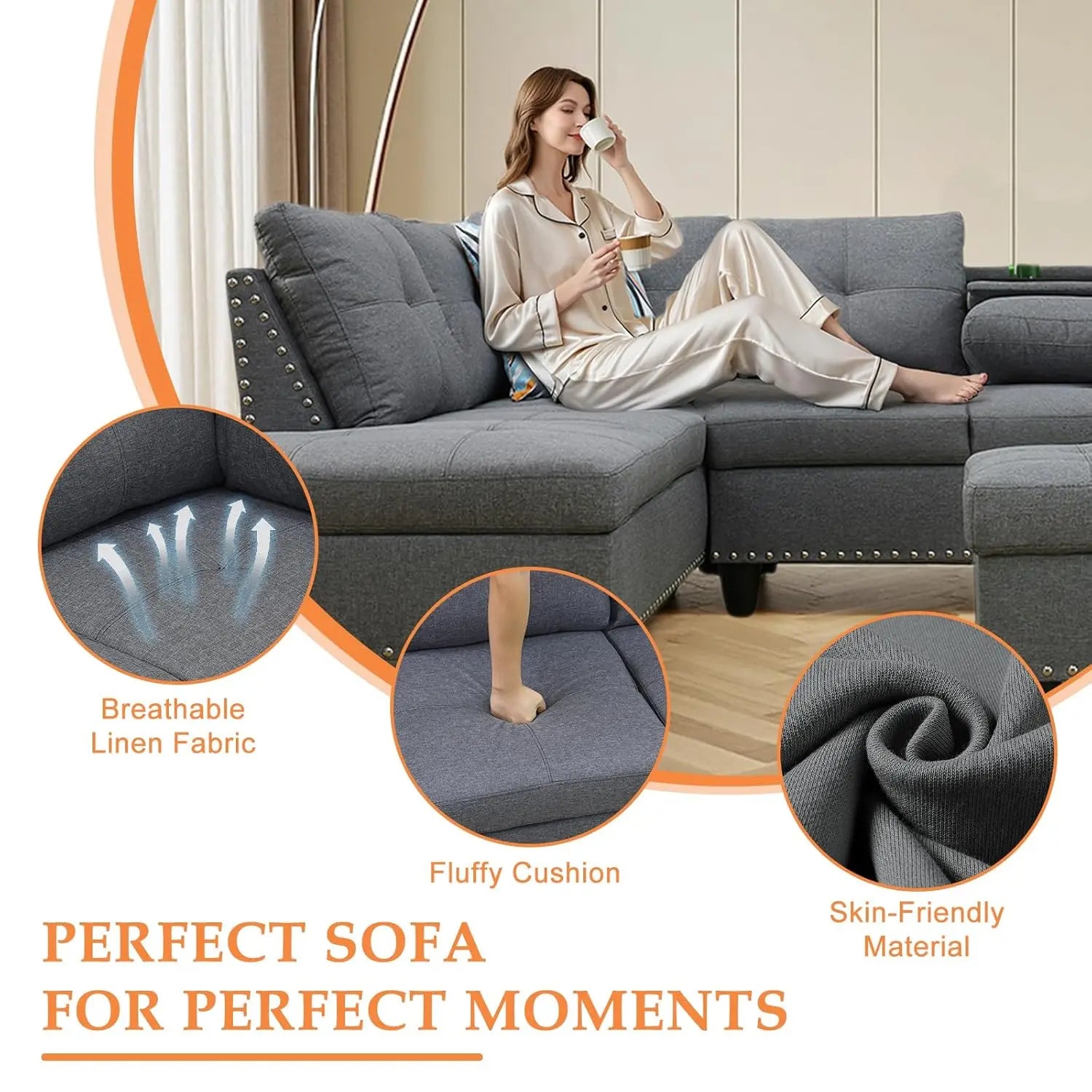 Modern L-Shape Sectional Sofa Chaise & Ottoman, 2 Pillows, Cup Holder