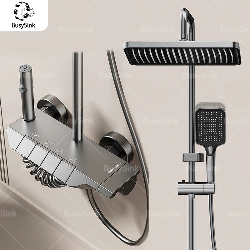 Bathroom Aluminum Gunmetal Gray Shower Set, Hot and Cold Water Multifunctional Piano Keys
