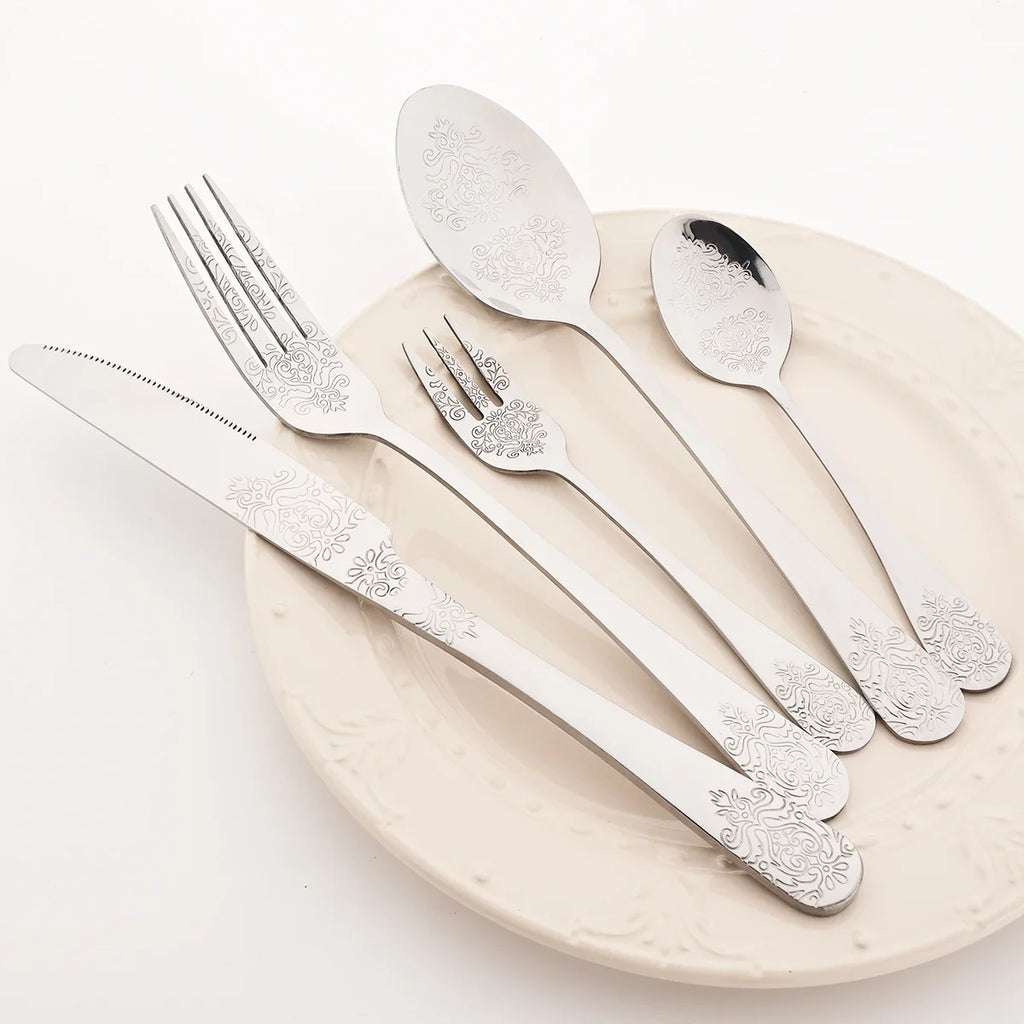 20pcs Silver Dinnerware Set Creative Carving Knife Fork Spoon Cutlery Mirror Stainless Steel Retro Flatware Kitchen Tableware