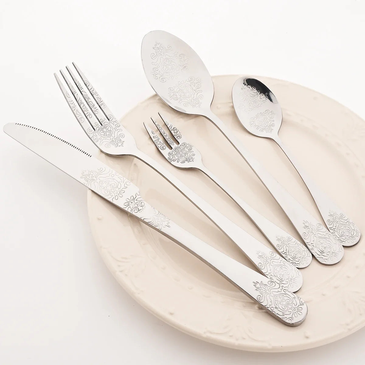20pcs Silver Dinnerware Set Creative Carving Knife Fork Spoon Cutlery Mirror Stainless Steel Retro Flatware Kitchen Tableware