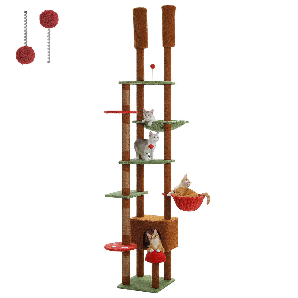 Height Adjustable Wooden Cat Tree with Large Hammock Sisal Scratching Posts, Floor to Ceiling Cat Tower