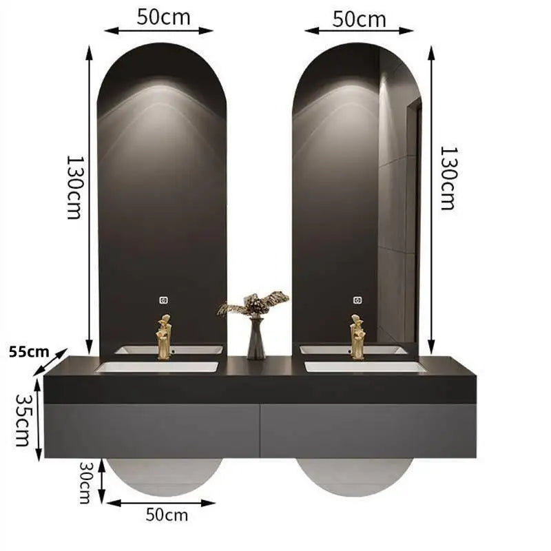 Designer Customized High-end Villa Light Luxury Rock Slab Integrated Basin Bathroom Cabinet in Combination with Double Mirror