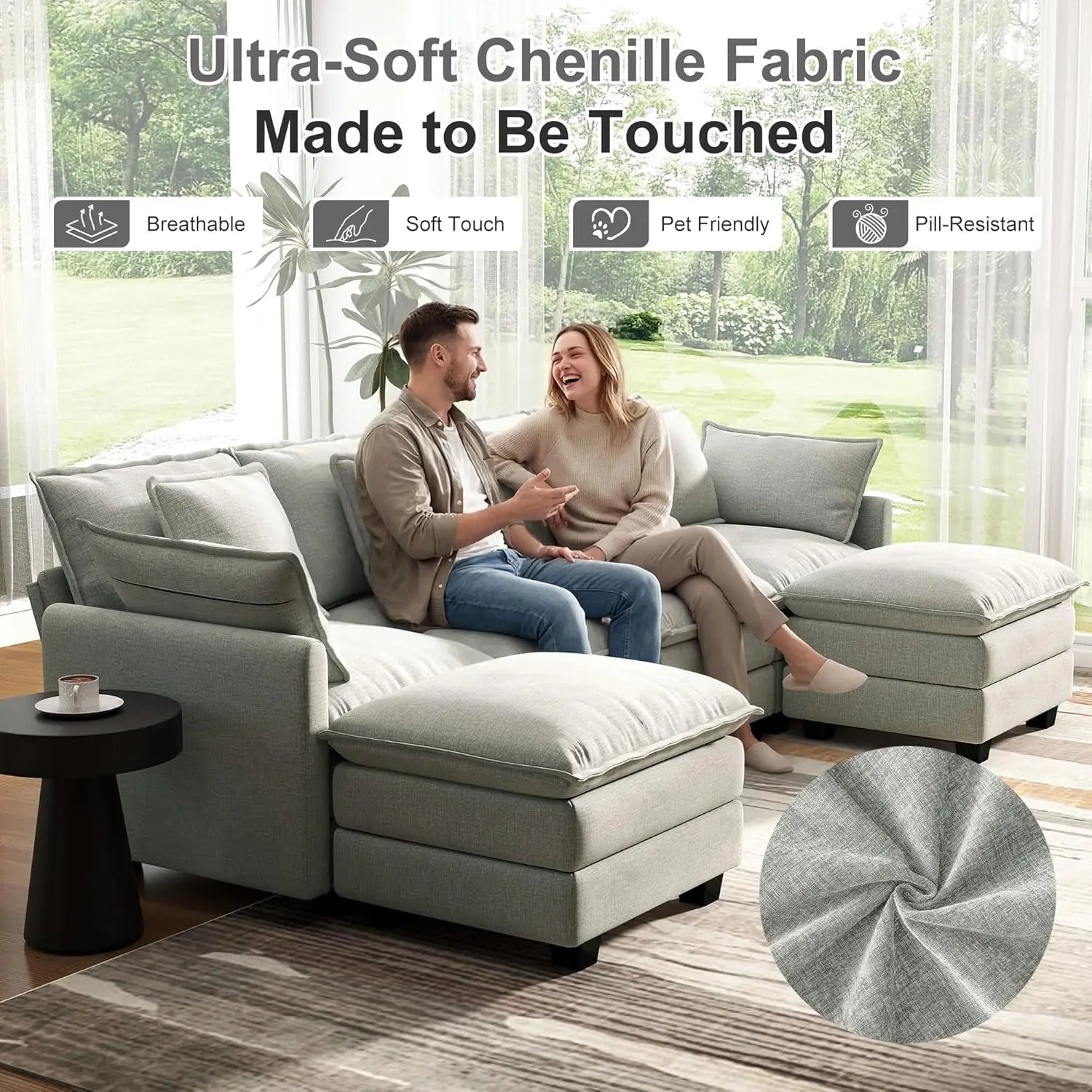 U Shaped Modular Sectional Sofa Deep Seat 4 Seat with 6 Washable Pillows 2 Ottoman Living Room Bedroom Apartment 107", Custom