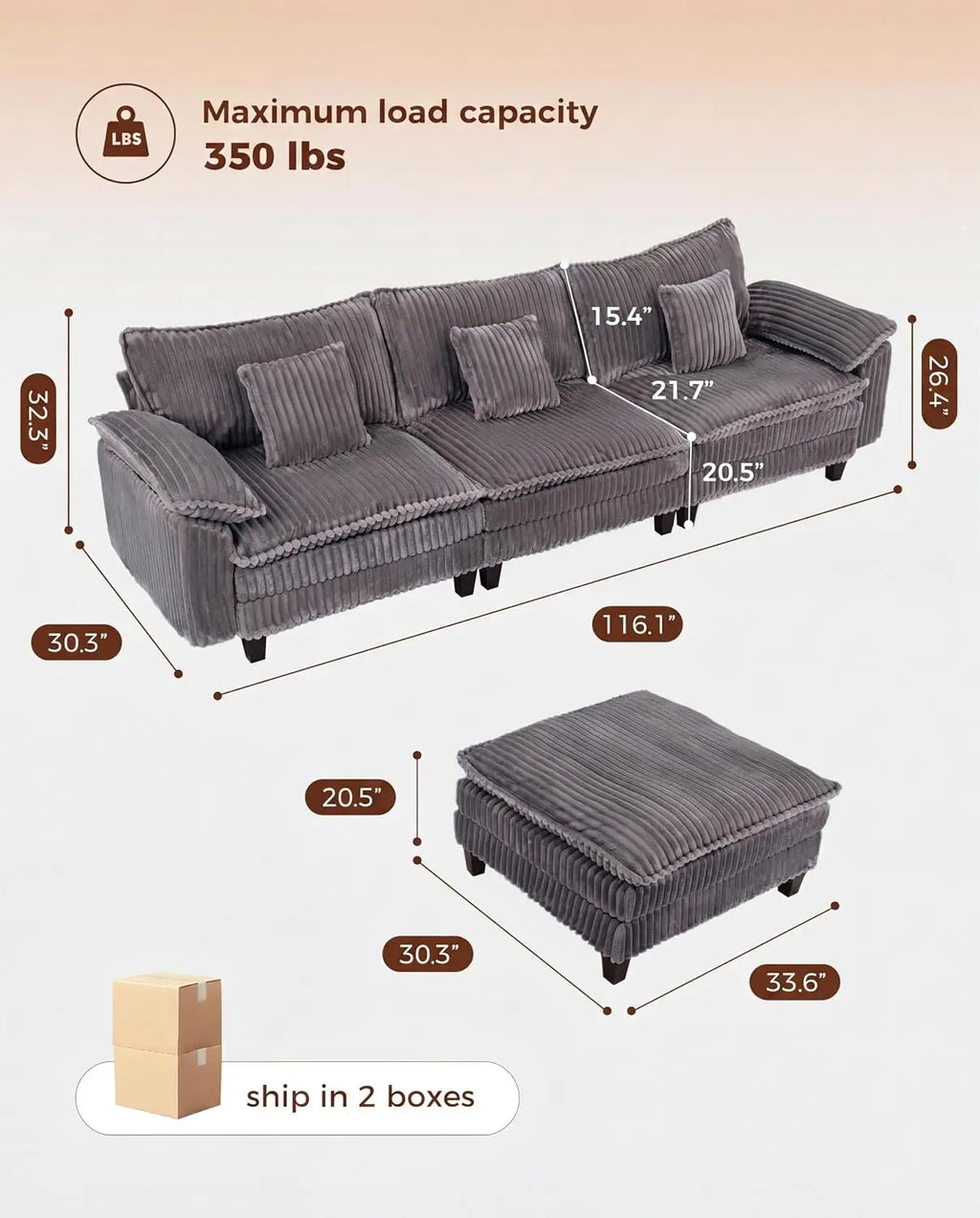 118" Modular Sectional Sofa, Wide-Channel  Corduroy