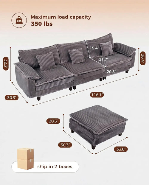 118" Modular Sectional Sofa, Wide-Channel  Corduroy