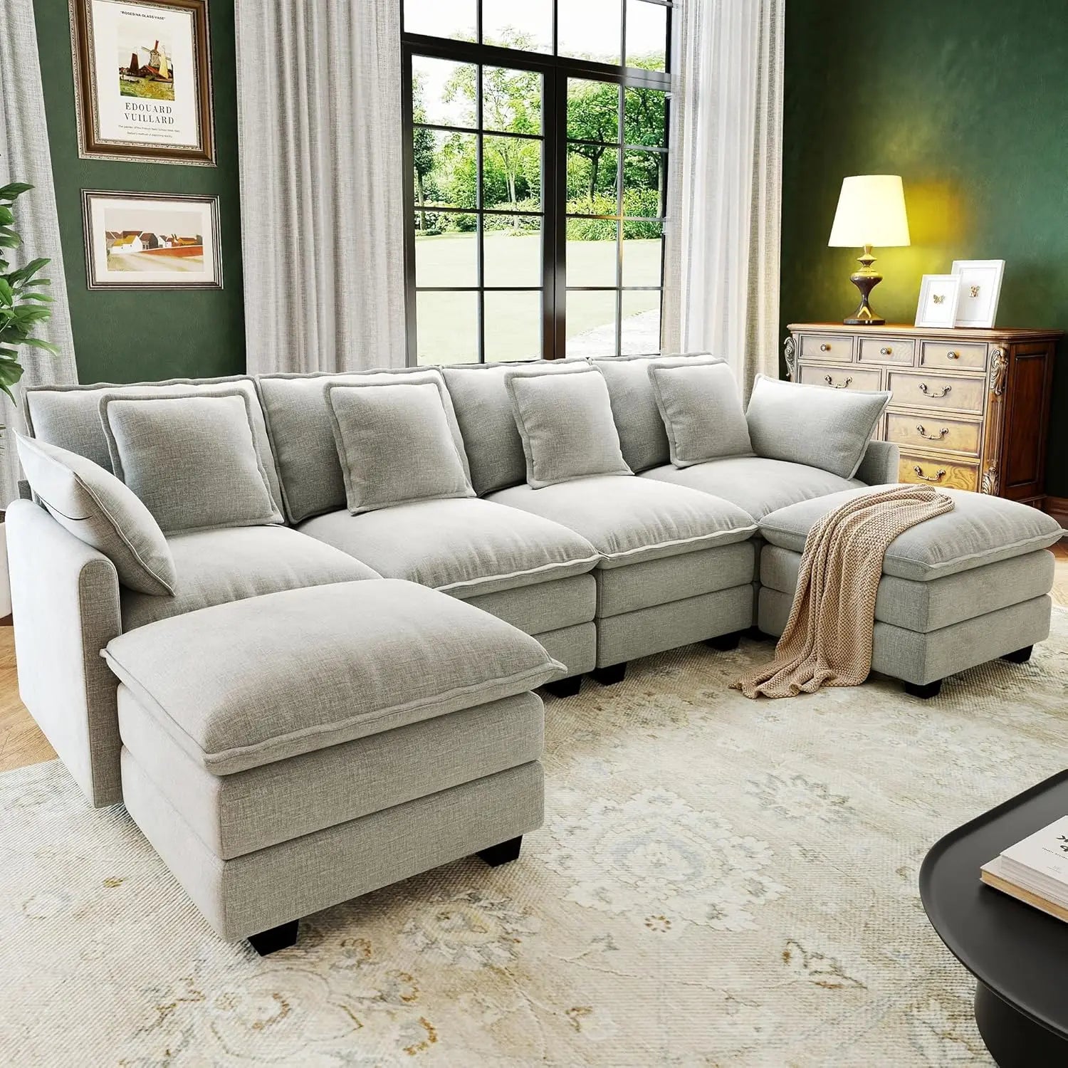 U Shaped Modular Sectional Sofa Deep Seat 4 Seat with 6 Washable Pillows 2 Ottoman Living Room Bedroom Apartment 107", Custom