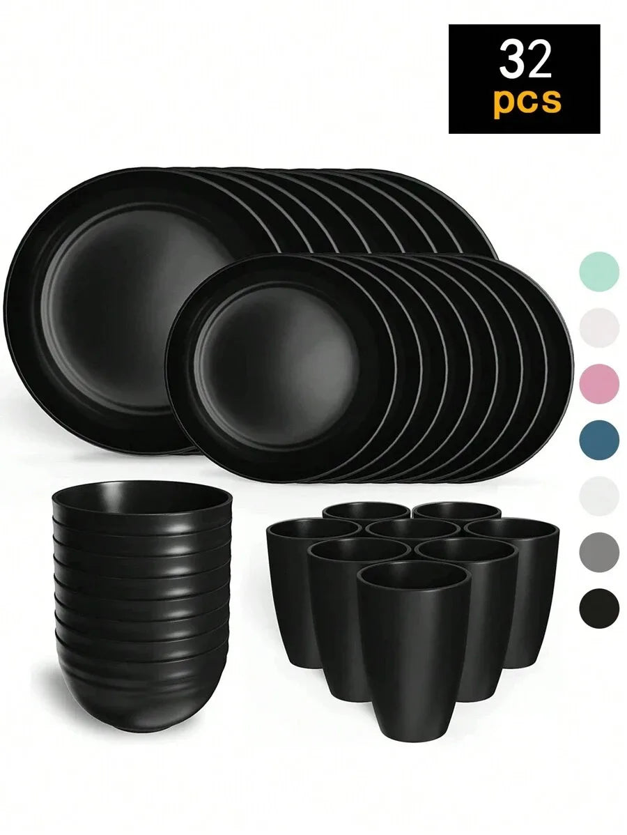 4/16/24pcs Reusable plastic tableware set, including plates, bowls and cups.