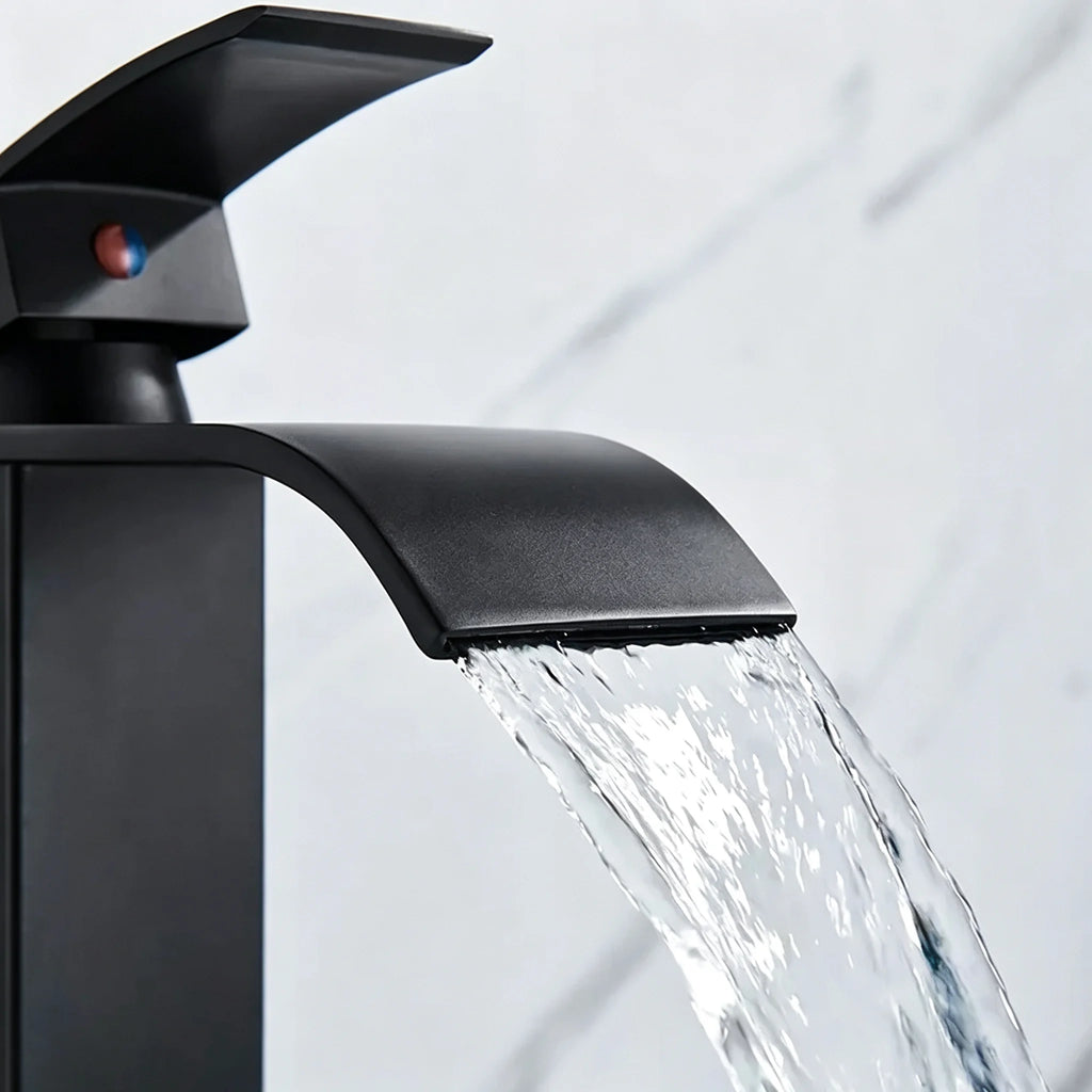 Matte Black Modern Bathroom Sink Waterfall Spout Faucet