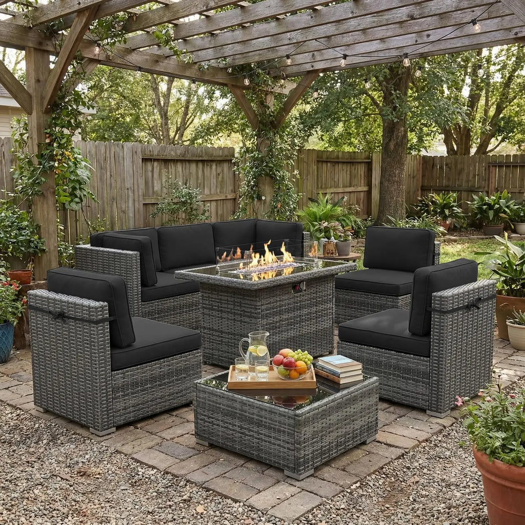 8 Piece Patio Furniture Set with 44" Propane Gas Fire Pit Table,