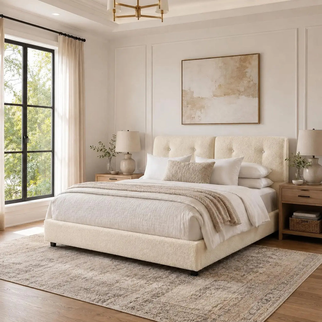 Bed Frame Queen Size, Boucle Upholstered Bed Frame with Headboard, No Box Spring Needed