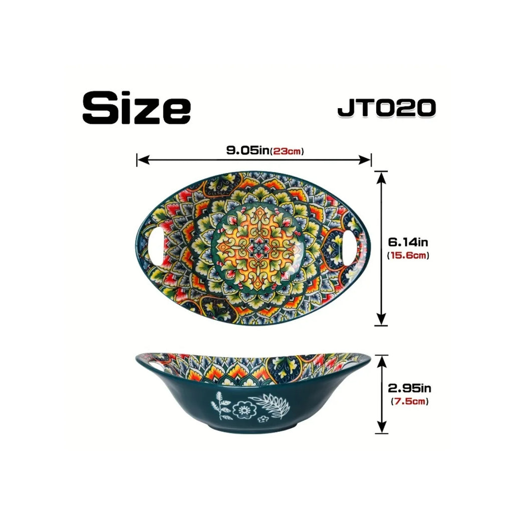 Bohemian-Style Ceramic Bowl Featuring Two Handles - Safe for Microwave And Oven Use,