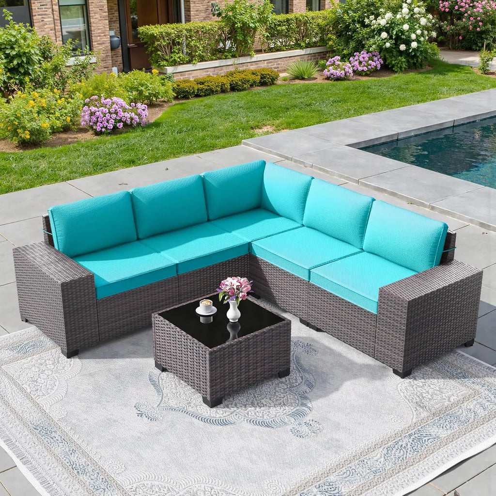 6 PCS Outdoor Patio Rattan Wicker Sectional Sofa Set with Coffee Table & Thickened Cushions,