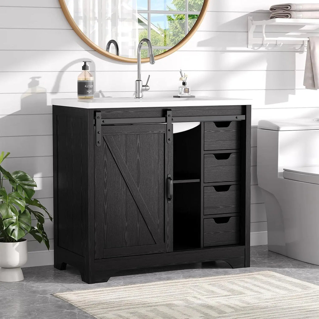 36" Bathroom Vanity with Sink Combo, Farmhouse Sliding Barn Door Bathroom Vanities w/Resin Basin & 4 Drawers,, Custom