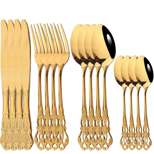 16Pcs  Dinnerware Set Vintage Stainless Steel Tableware Dinner Knife Fork Dessert Spoon Cutlery Set Kitchen Flatware