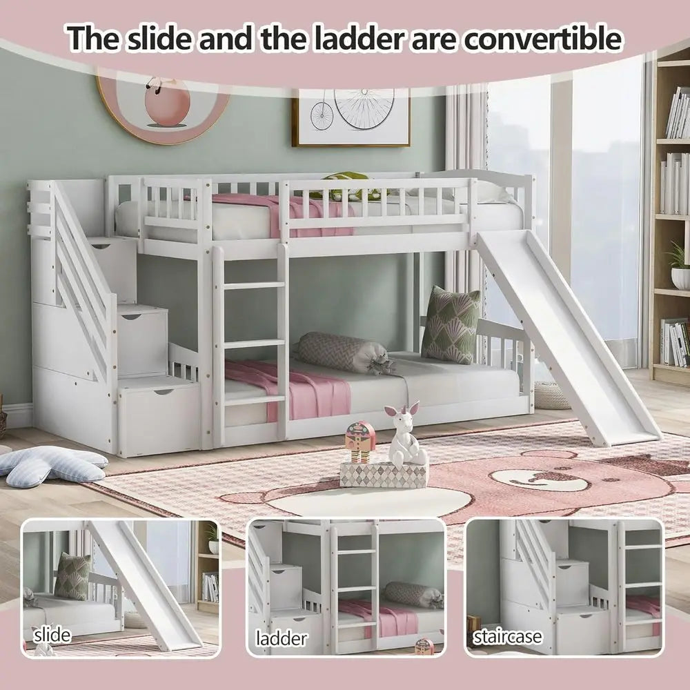 Bellemave Wood Bunk Beds with Slide, Twin Over Twin Low Bunk Bed Frame with Storage Drawers, Stairway