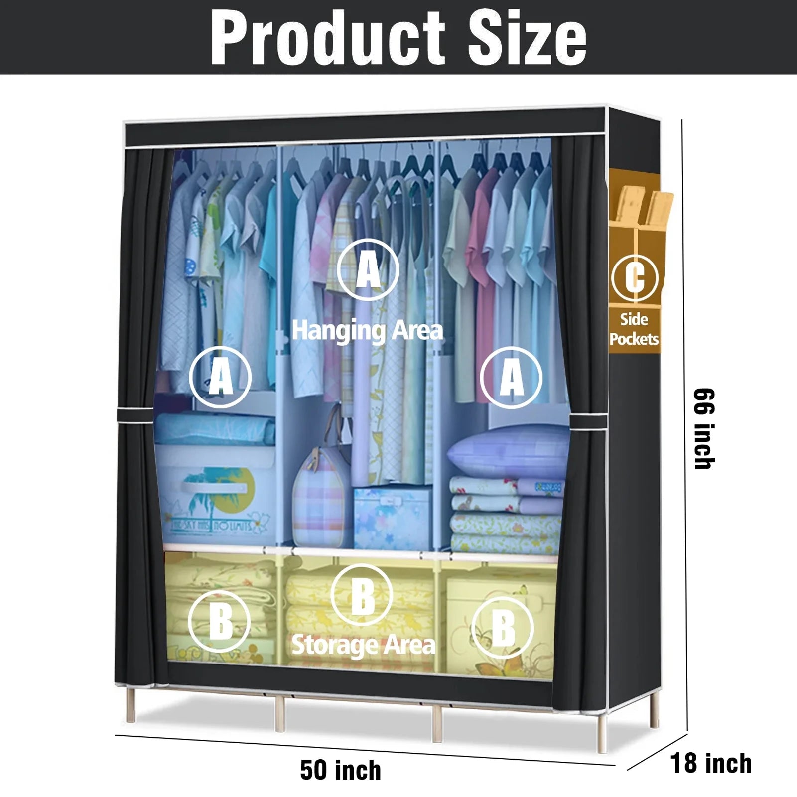 51-Inch Portable Closet Wardrobe 16mm Thick Pipe Clothing Storage Rack Organizer Non-Woven Fabric Cover