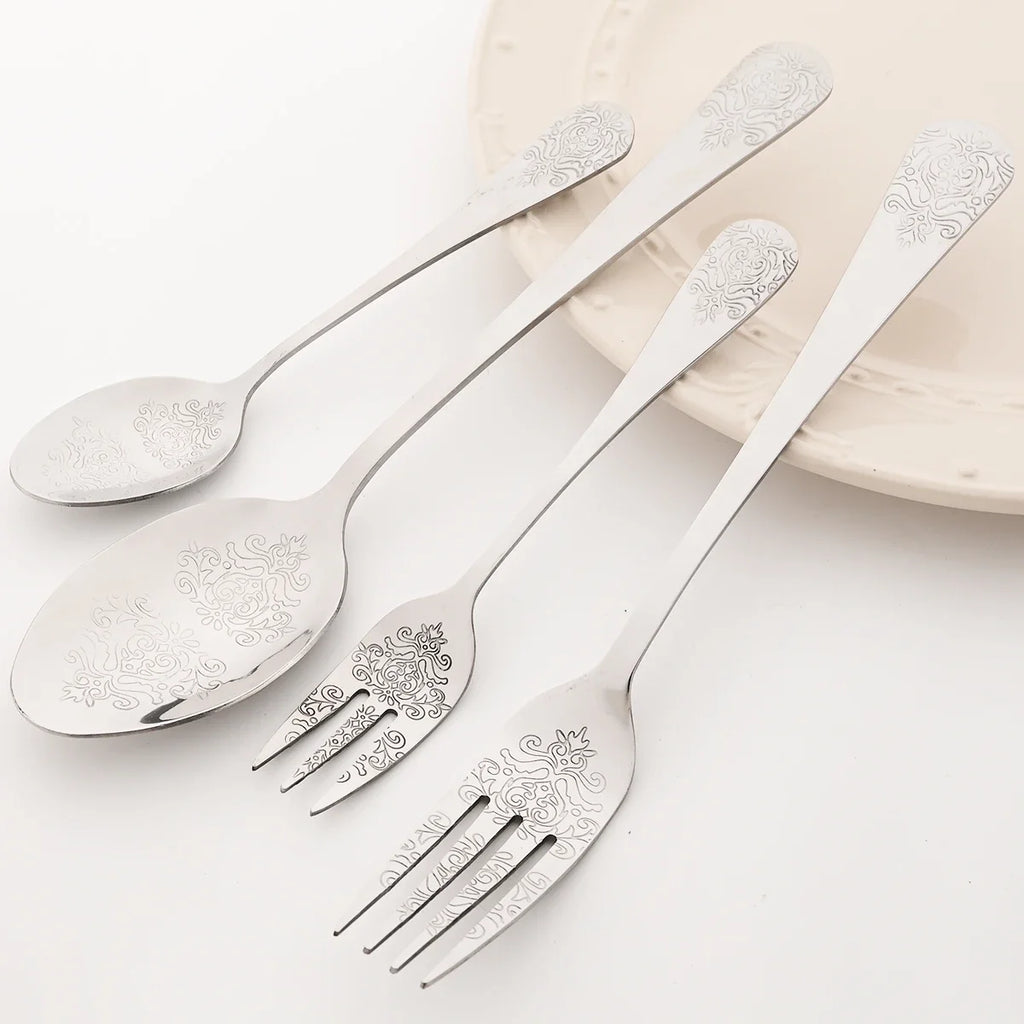20pcs Silver Dinnerware Set Creative Carving Knife Fork Spoon Cutlery Mirror Stainless Steel Retro Flatware Kitchen Tableware