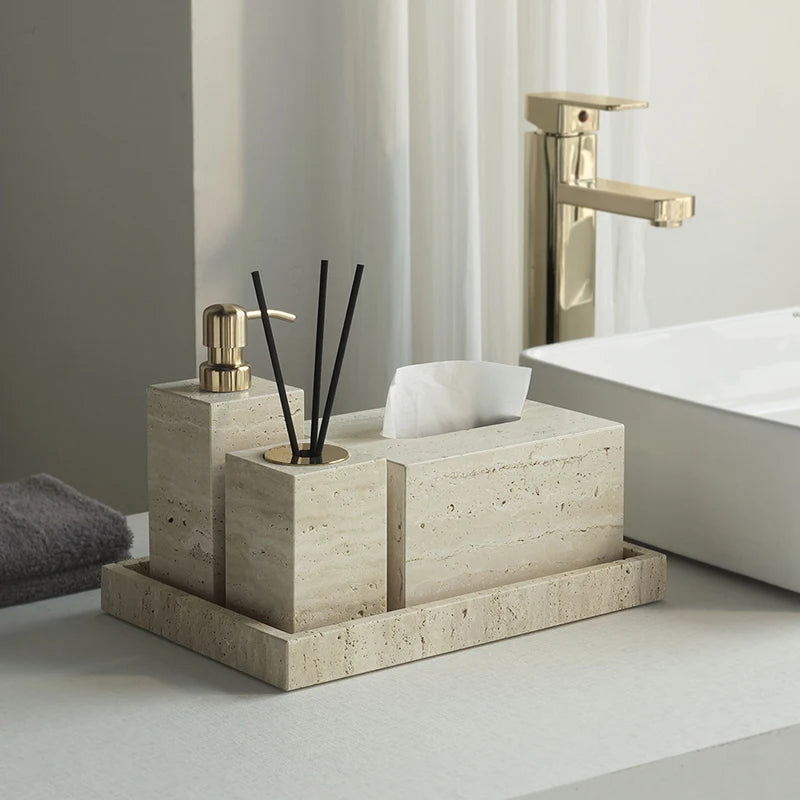 Travertine Bathroom Accessories Set Luxury Soap Dish Soap Dispenser Reed Diffuser Tissue Box Tray Bathroom Set
