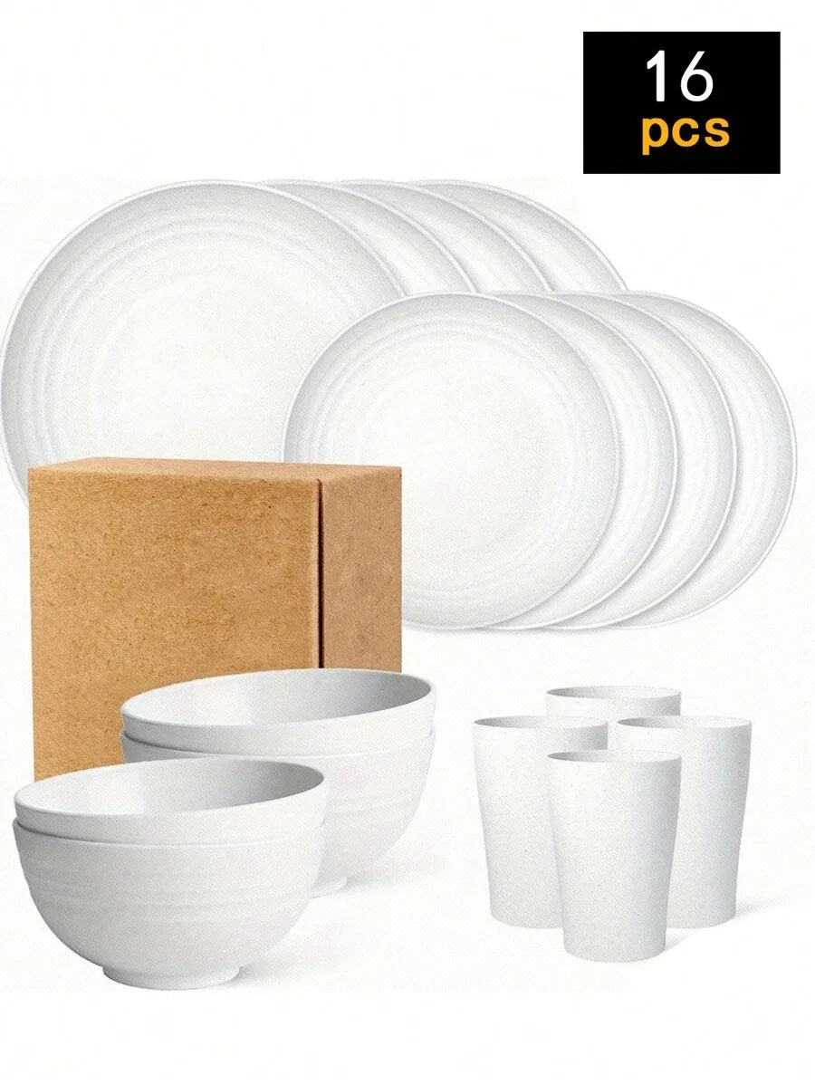 4/16/24pcs Reusable plastic tableware set, including plates, bowls and cups.