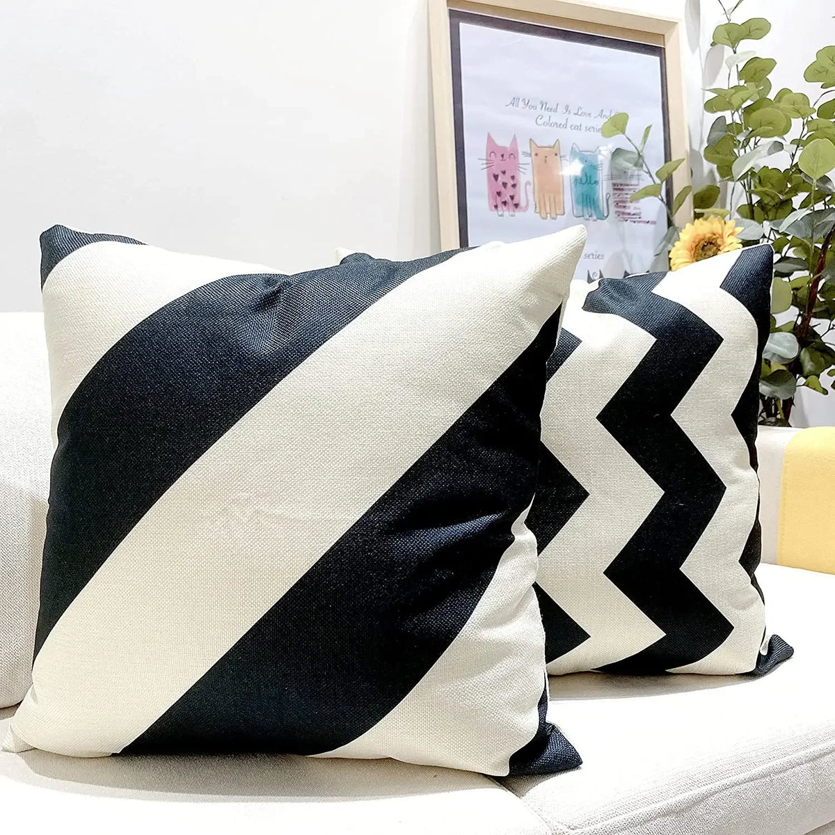 Black Geometric Linen Pillow Cover