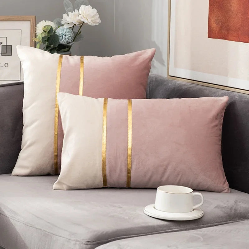 2PCS Velvet Sofa Cushion Cover, 45x45/30X50cm Fashion Contrast Color Gold Bar Stitching Pillowcase