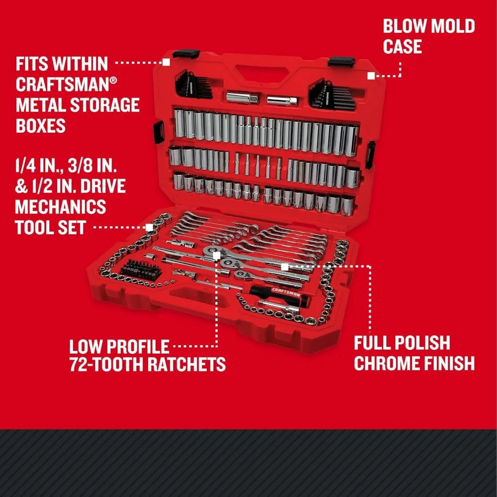 189 Piece Complete Mechanic Tool Set with Ratchet Sockets Wrenches Hex Keys Deep Sockets Bits Metric and SAE
