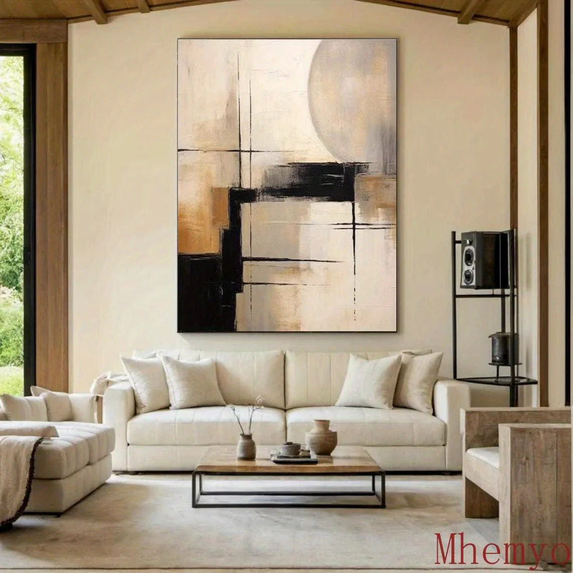 Mhemyo Black & Beige Abstract Canvas Art Decor, Textured Wabi-Sabi Style, Frameless, Modern Home Aesthetics, Textured Canvas Art