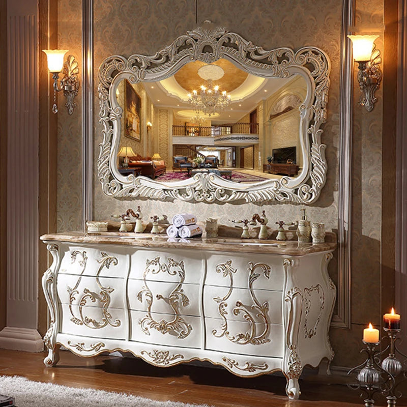 European Style Bathroom Vanity Cabinet, Solid Red Oak Wood Combination Curved Oak Double Basin, Marble Top